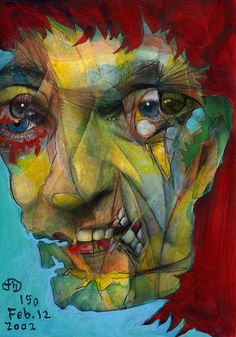 Peinture expressive d'un visage déformé par des facettes géométriques aux couleurs rouges, jaunes et bleues. Le regard est asymétrique, avec un œil réaliste et l'autre abstrait, évoquant une fracture intérieure.