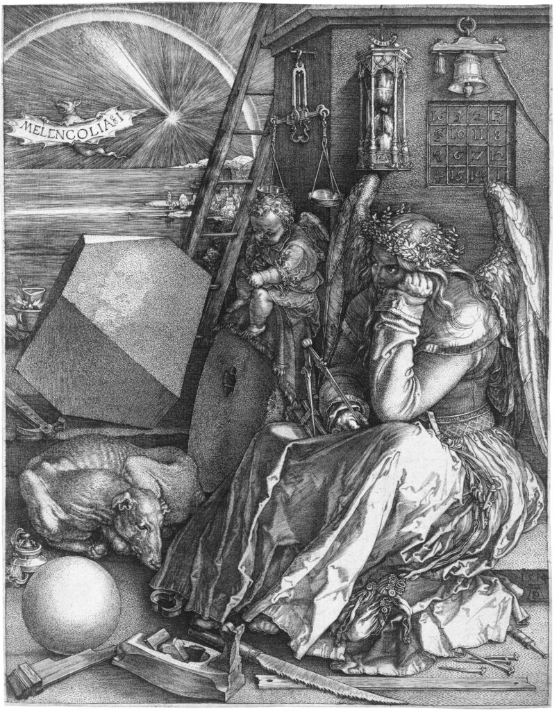 Melencolia I, gravure d'Albrecht Dürer représentant un ange mélancolique entouré d'instruments scientifiques et géométriques