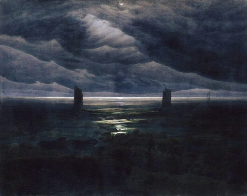 Peinture sombre et atmosphérique de Francis Picabia. Un ciel chargé de lourds nuages bleu nuit domine la scène, percé par un rayon de lumière intense qui éclaire l'horizon et se reflète sur l'eau sombre de la Loire. Deux silhouettes verticales de bateaux se détachent à contre-jour au centre de l'image.